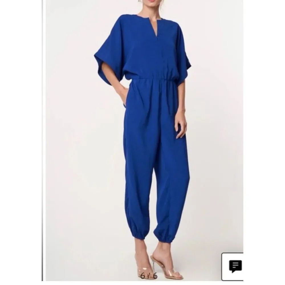 Ciebon Blue Relaxed Short Sleeve Front Zip Bobbi Tapered Jumpsuit Size Small